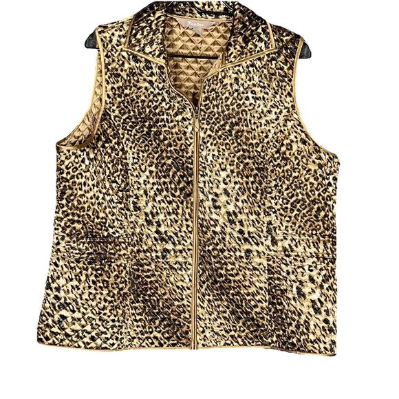 Tanjay Quilted Vest Womens Sz 16 Gold Black Leopard Print Zip Up Y2K Safari Wild - Picture 1 of 8